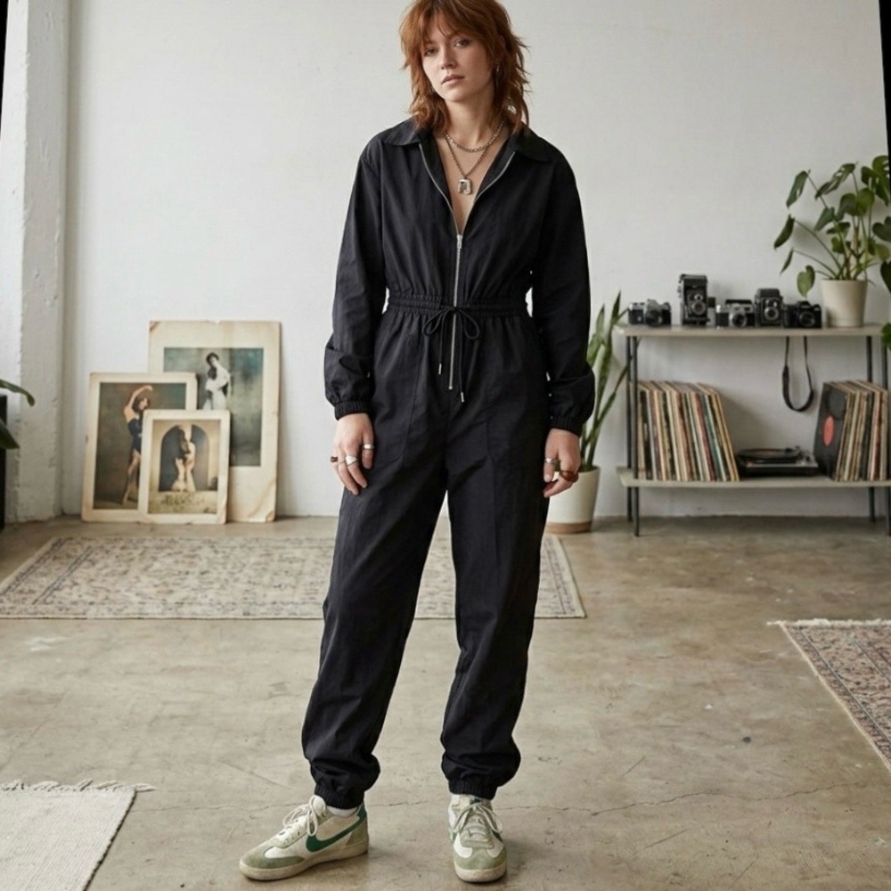 Indie Black Military Flight Suit Zipper Cotton Parachute Jumpsuit Coveralls 6 M